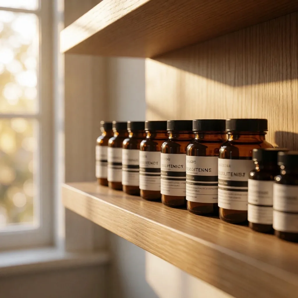 Amber glass supplement bottles on shelf
