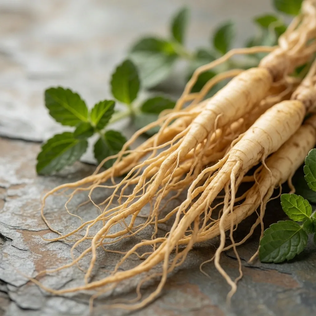 Fresh ginseng root on stone