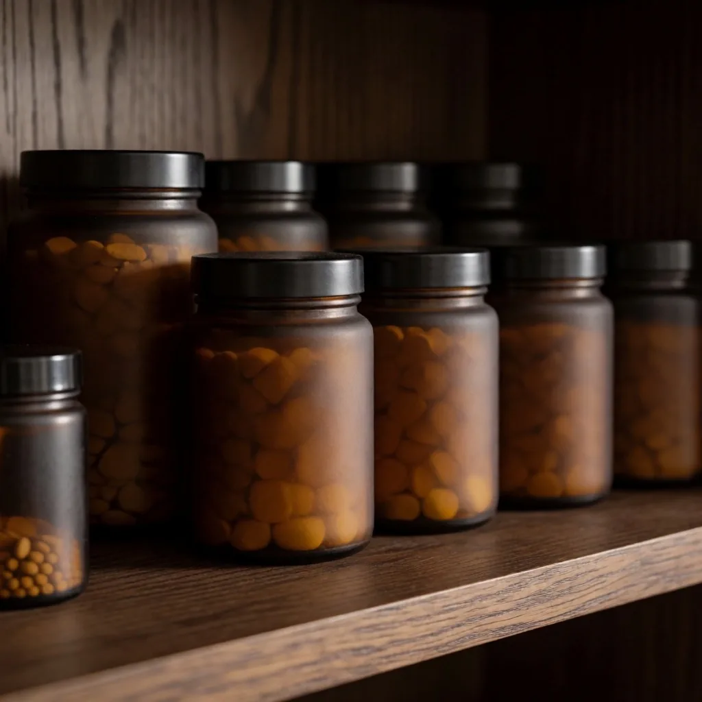 Supplements stored on wooden pantry shelf