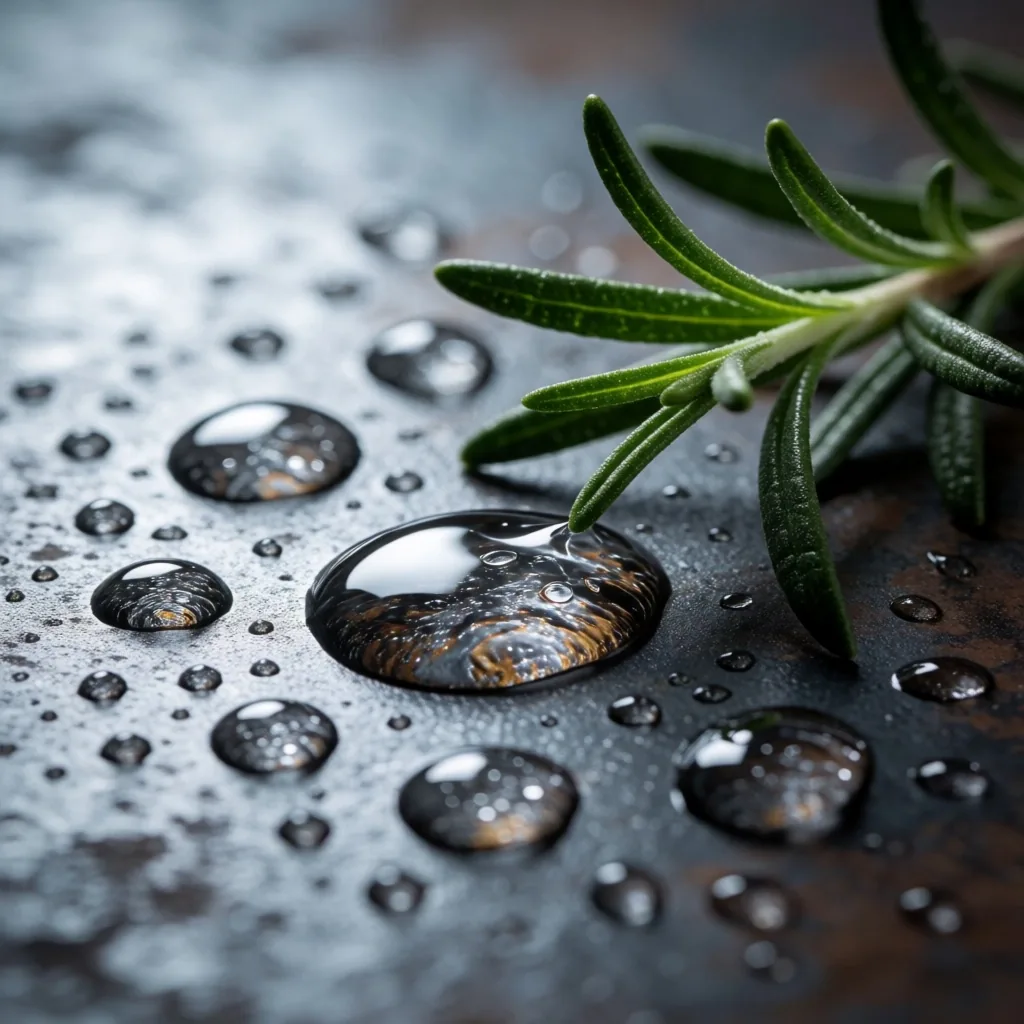 Water droplets on dark oxidized steel surface