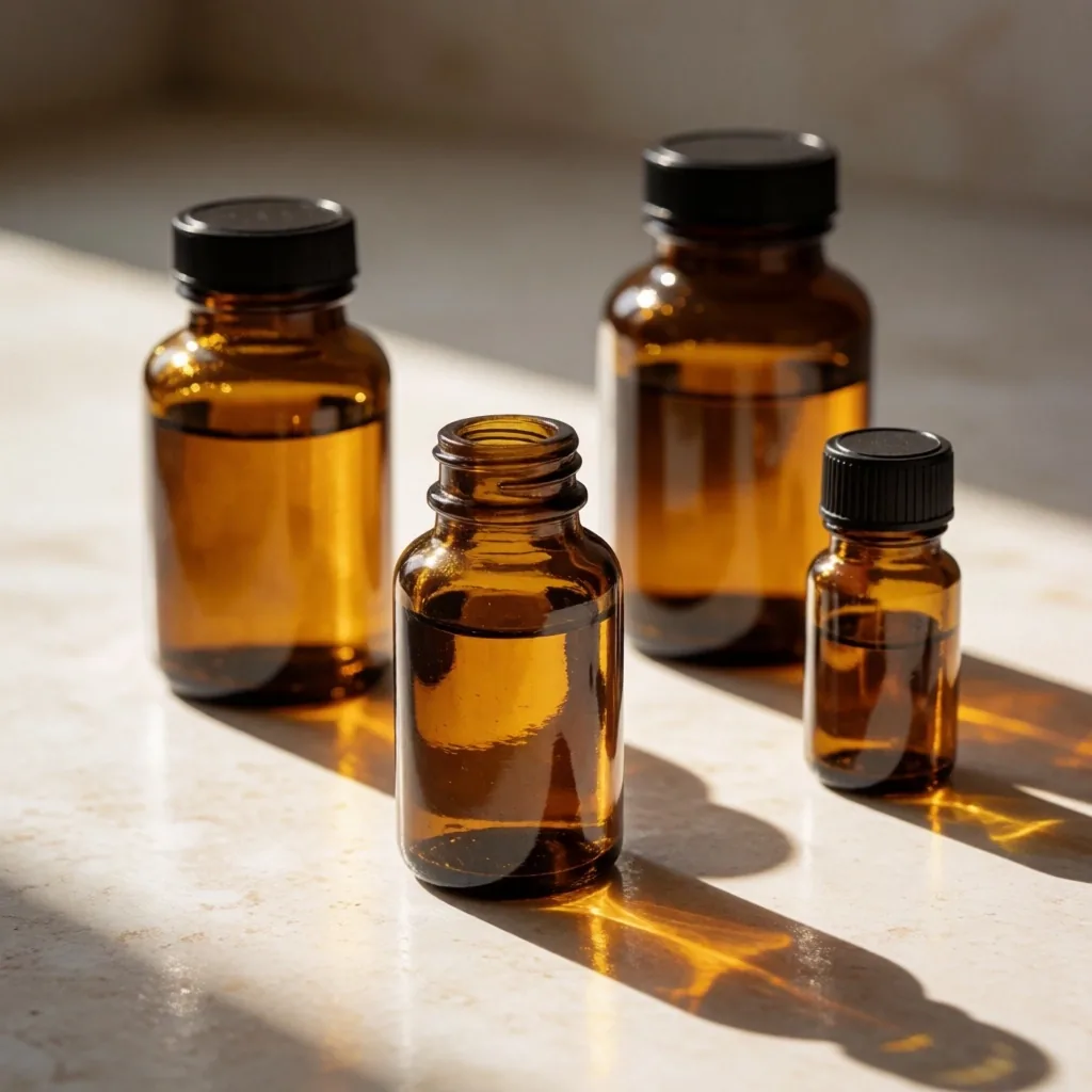 Amber glass supplement bottles in sunlight