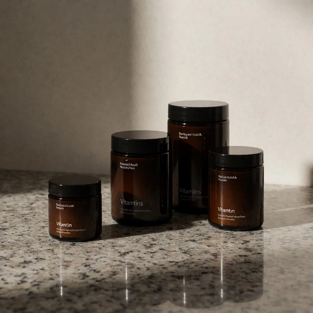 Amber glass supplement bottles on a stone shelf
