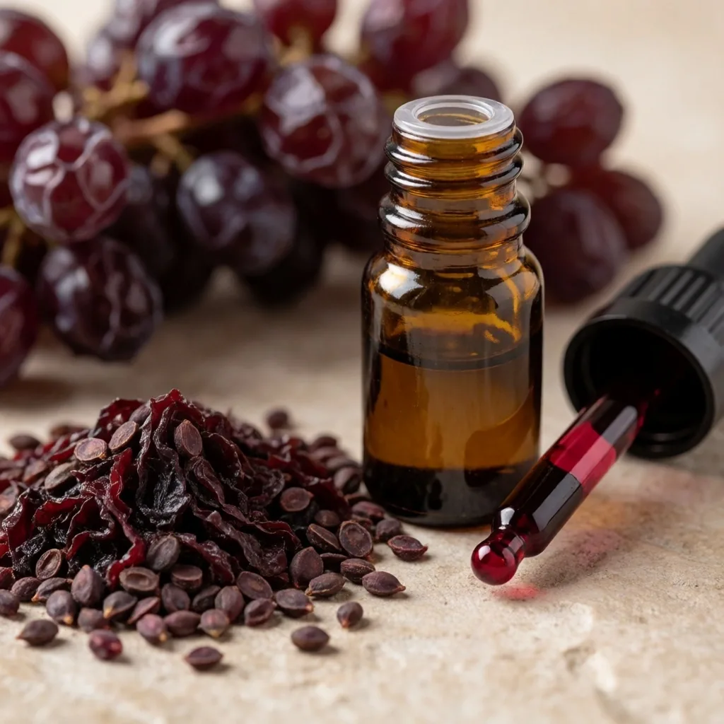 Grape seed extract and amber dropper bottle still life