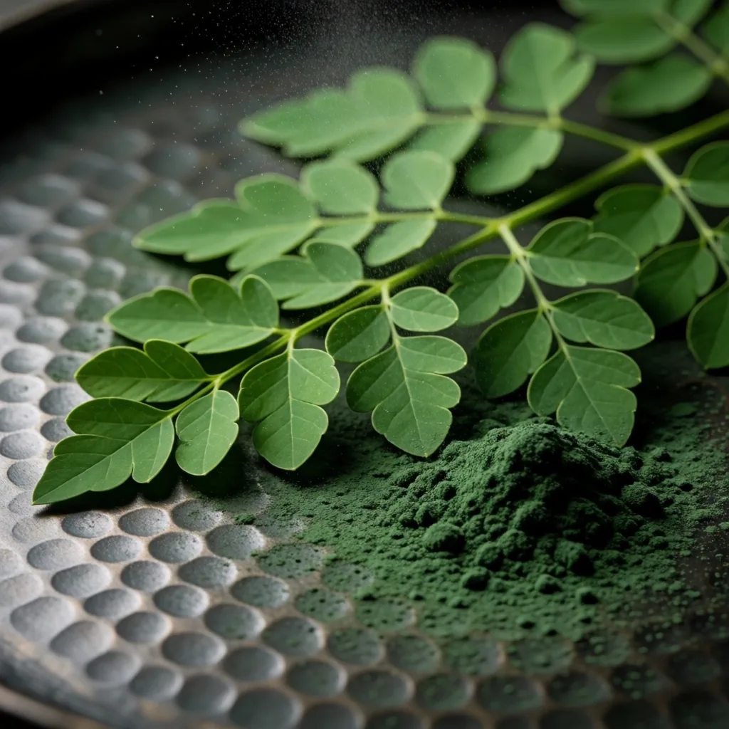 Green botanical leaves with water droplets on dark metal