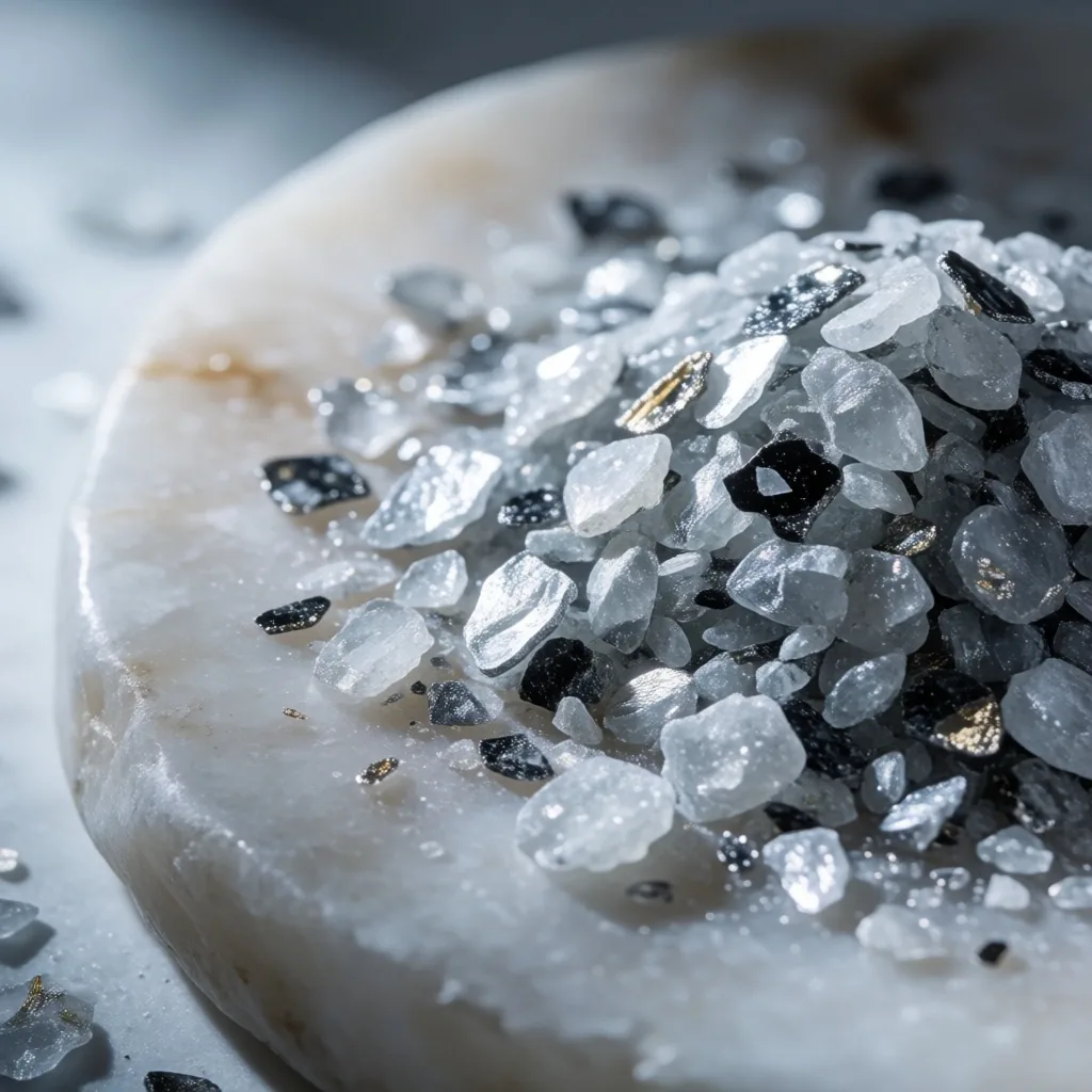 Crushed mineral crystals of zinc and magnesium on a stone surface