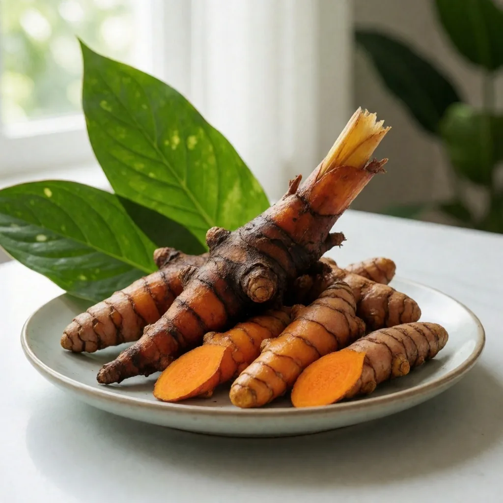 Fresh temulawak and turmeric roots on a ceramic surface
