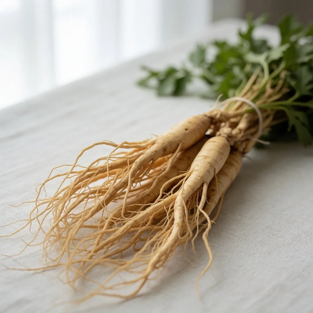 Fresh ginseng roots arranged on a woven textile