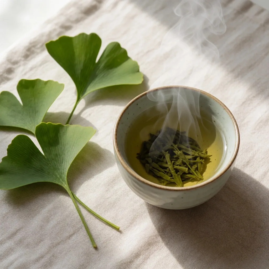 Green tea and ginkgo biloba leaves on linen